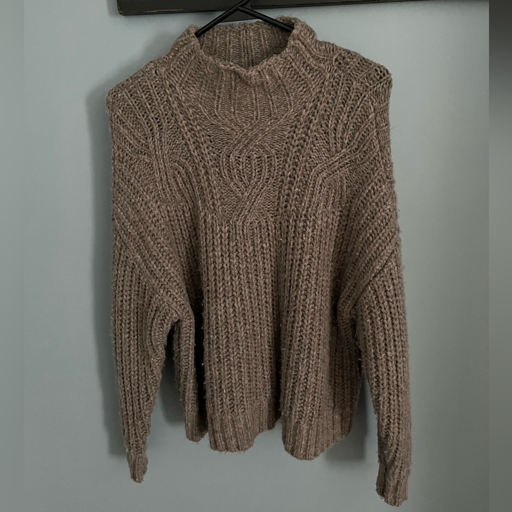 Aerie Mock Neck Chunky Sweater - Brown/Tan with Design